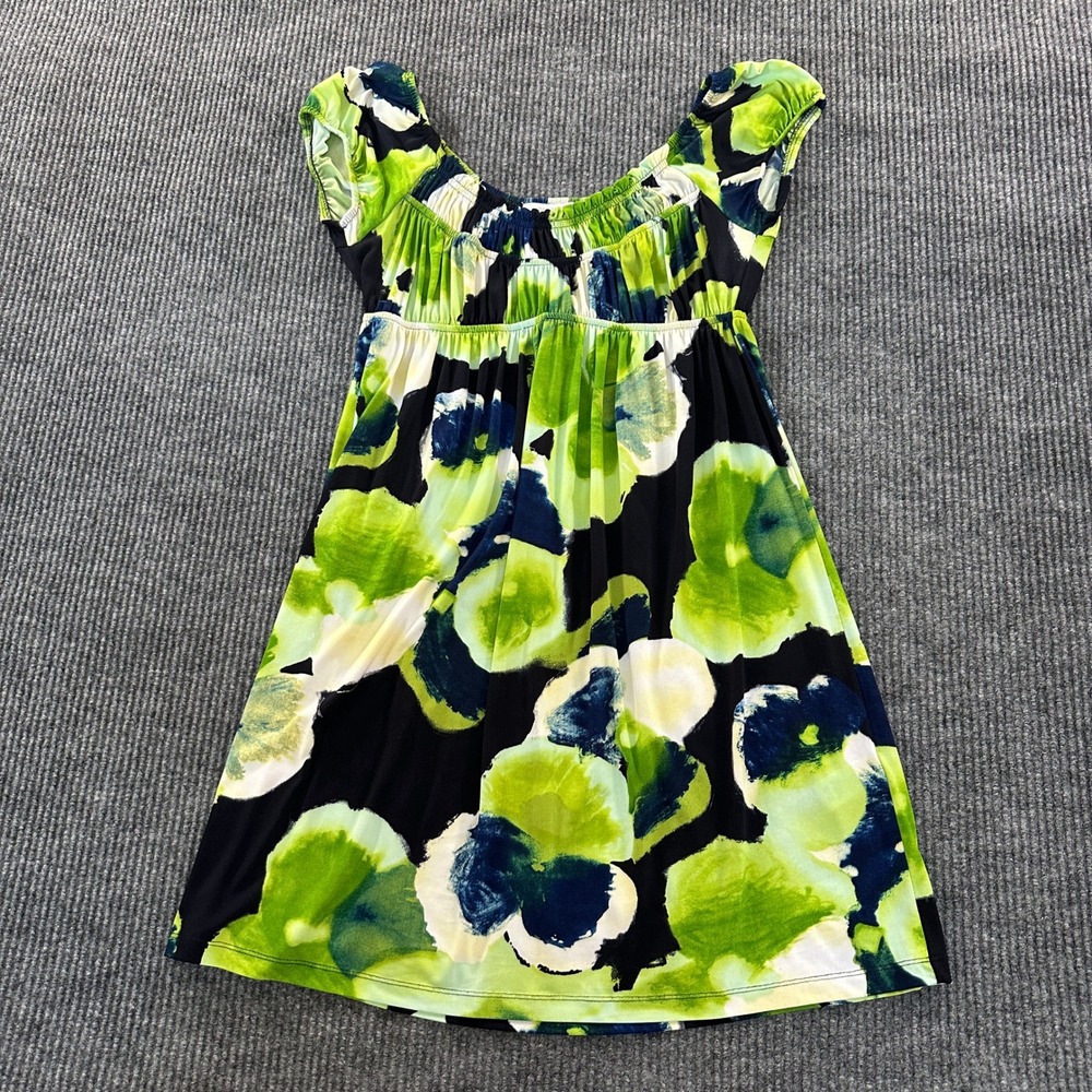 Dressbarn Floral Empire Waist Blouse 8 Green Blue Stretch Cap Sleeve Top Tunic